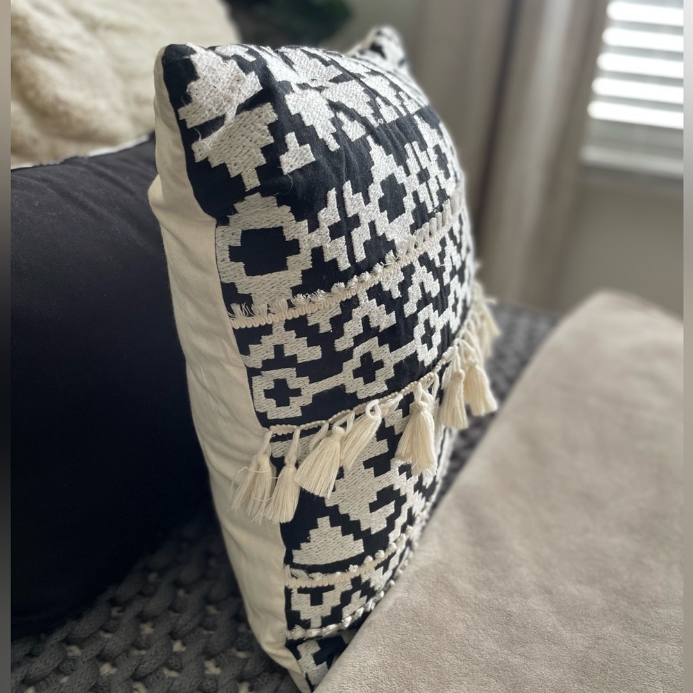 Spectre Black & Cream Bohemian Tassel Poly Fill Throw Pillow (20" x 20") - Picture 3 of 6